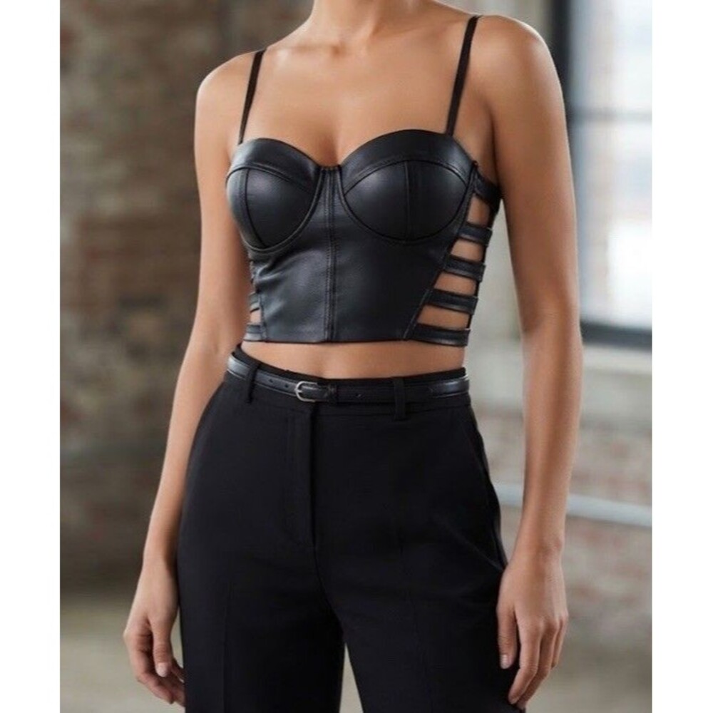 Haute Monde Black Faux Leather Bustier Crop Top Size S Strappy Cutout Side⁠
